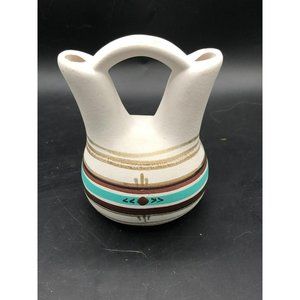 Vtg TESA Hand Painted Clay Pottery Wedding Vase Southwestern 4.25"